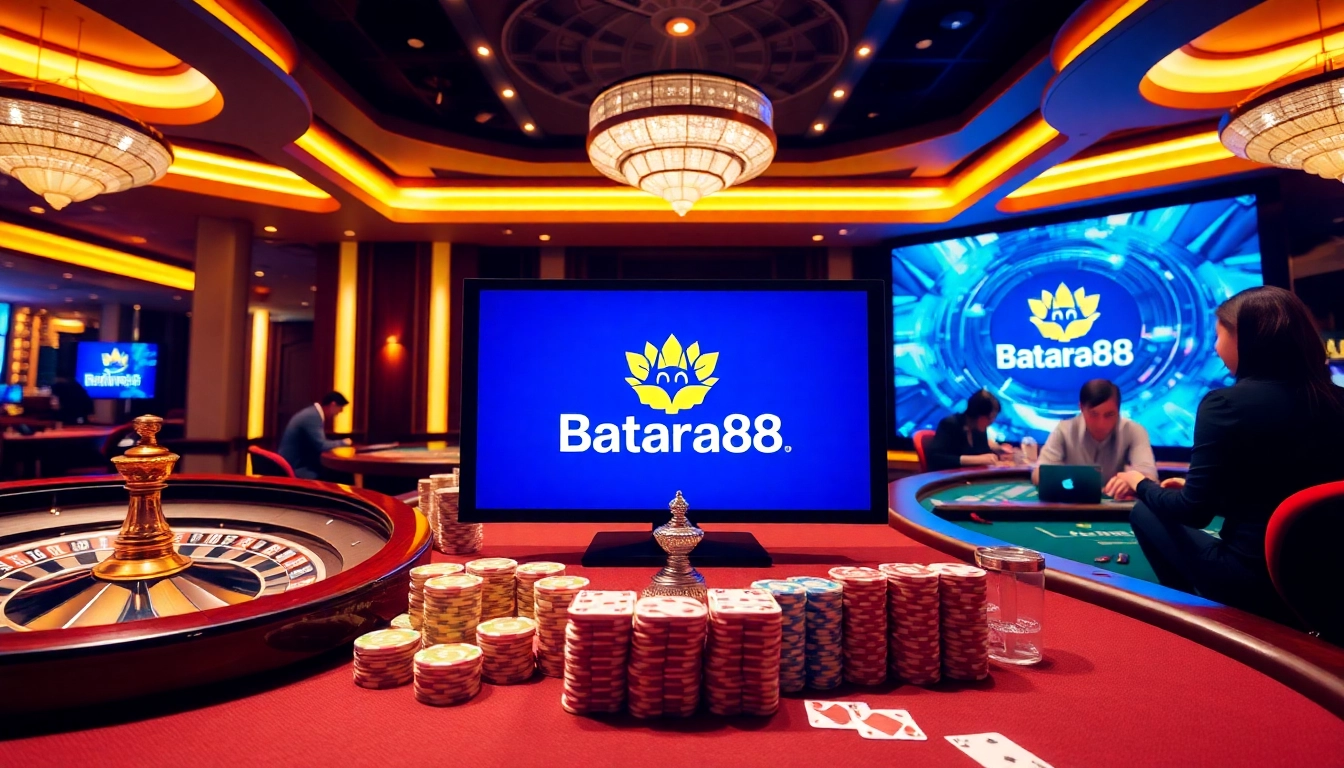 Experience the thrill of Batara88 with colorful poker chips and a roulette wheel.