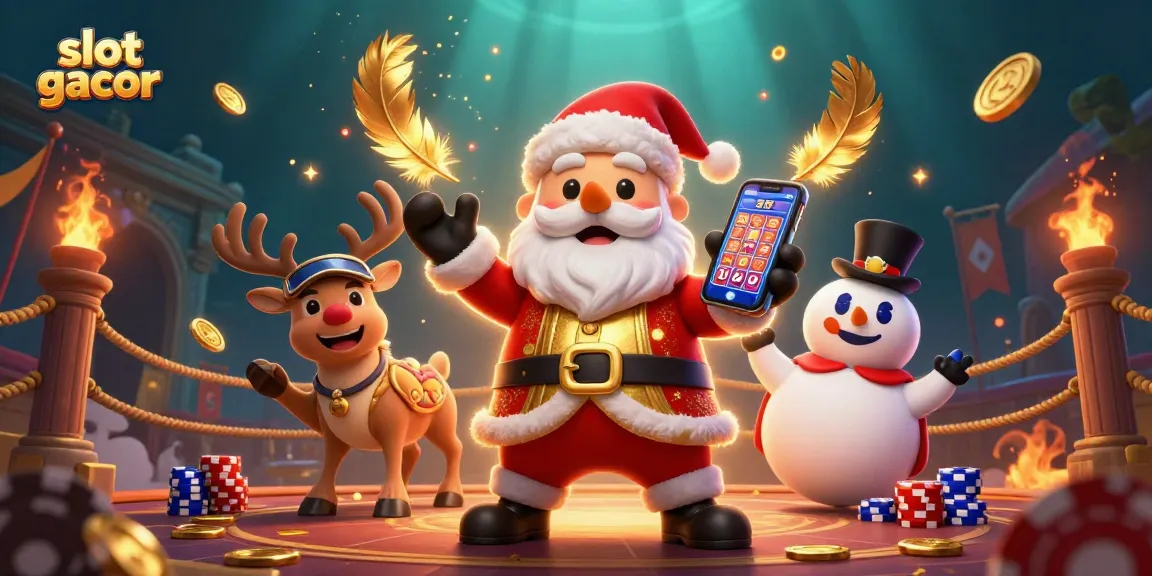 Slot gacor tampil dengan Santa Claus, rusa, dan manusia salju dalam latar kasino meriah.
