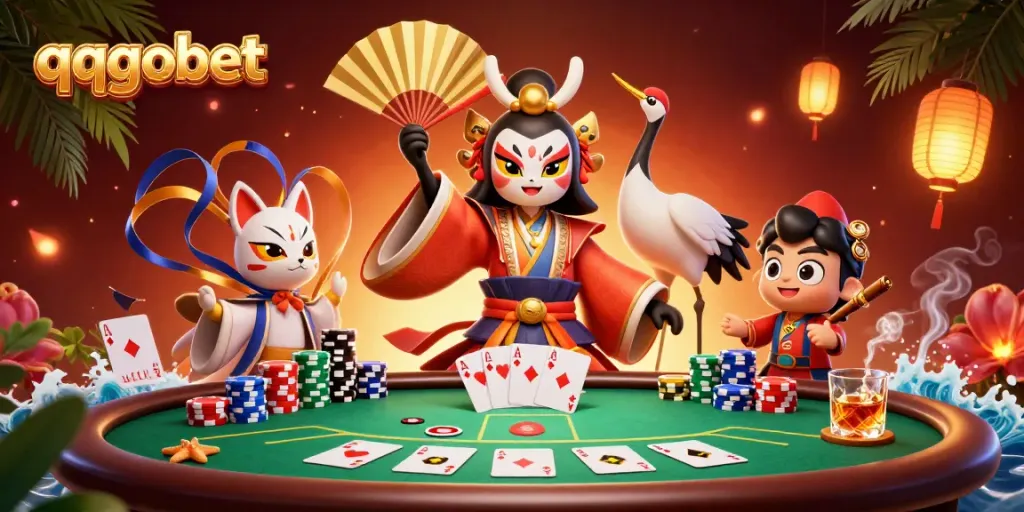 Engage with thrilling poker action at qqgobet featuring kabuki warrior characters in vibrant 3D.