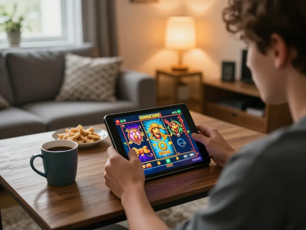 IDNSCORE user enjoying an exciting slot game experience in a cozy home setting with snacks and warm lighting.