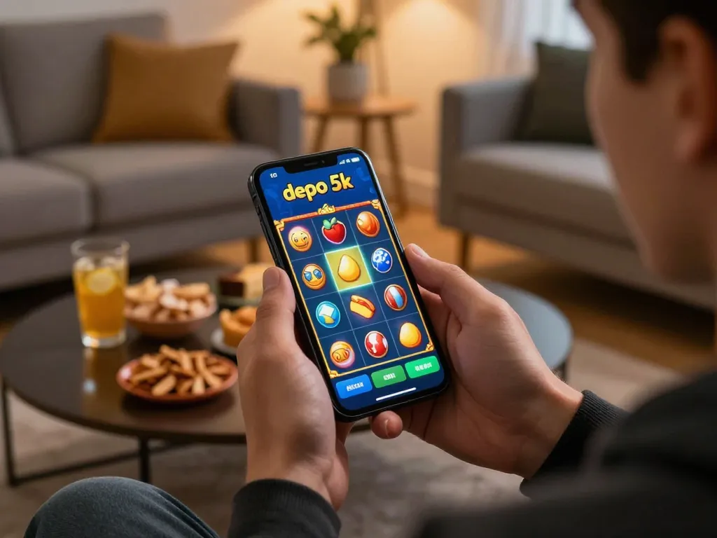 Engage in thrilling gameplay with slot depo 5k app on a smartphone, vibrant slot symbols displaying excitement.