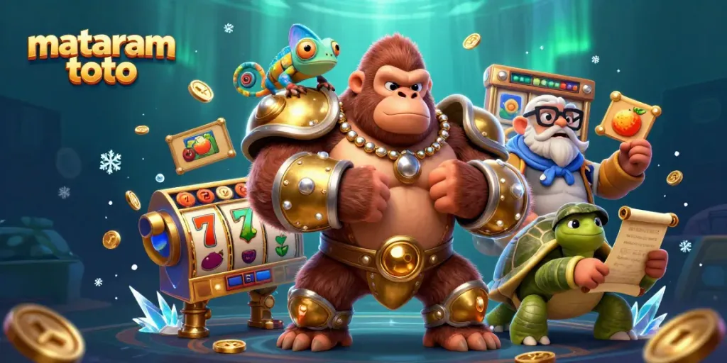 Spin to win with Mataram Toto, featuring vibrant slot reels and dynamic characters.