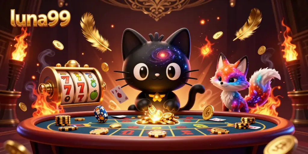 Memainkan slot di luna99 dengan kucing lubang hitam dan rubah nebula, dikelilingi harta kasino.