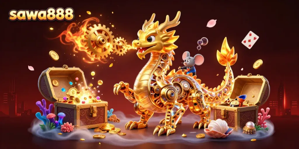 Experience the excitement of sawa888 with a dynamic scene featuring a golden dragon and colorful casino elements.