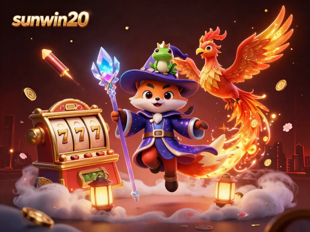 Experience thrilling games with sunwin20, featuring a wizard fox and vibrant casino elements.