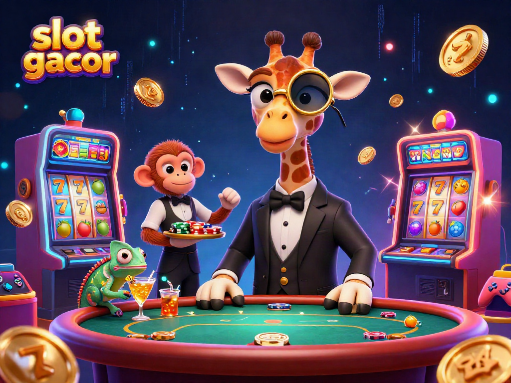 Experience slot gacor excitement at a vibrant casino scene with animated characters, spinning slot machines, and dynamic gameplay elements.