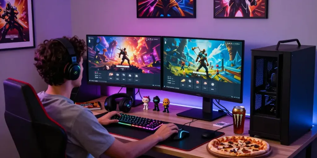 Proses login pecah25 dengan gamer di ruangan bermain yang modern dan enerjik.
