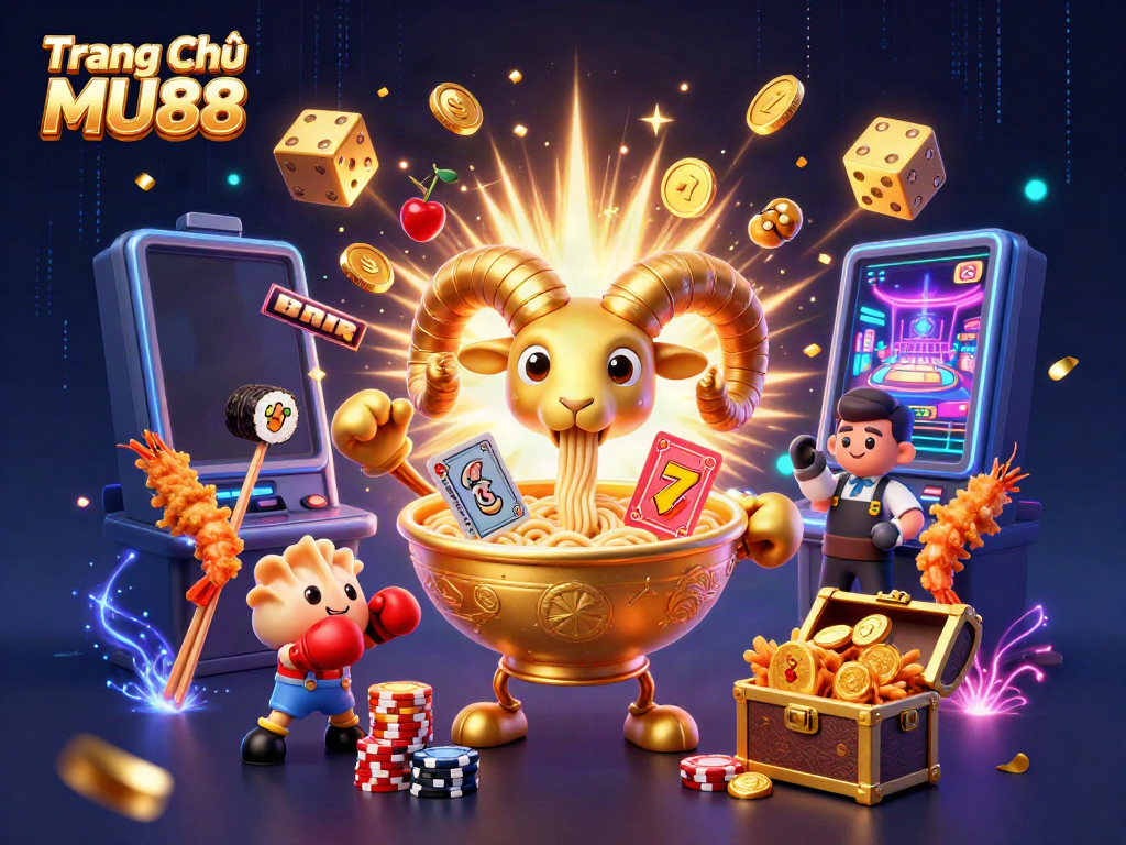 Experience excitement at Trang Chủ MU88 with a vibrant 3D casino illustration featuring engaging characters and dynamic gaming elements.
