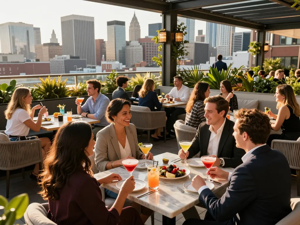 Enjoying cocktails at NoHu Rooftop, a vibrant atmosphere perfect for social gambling events