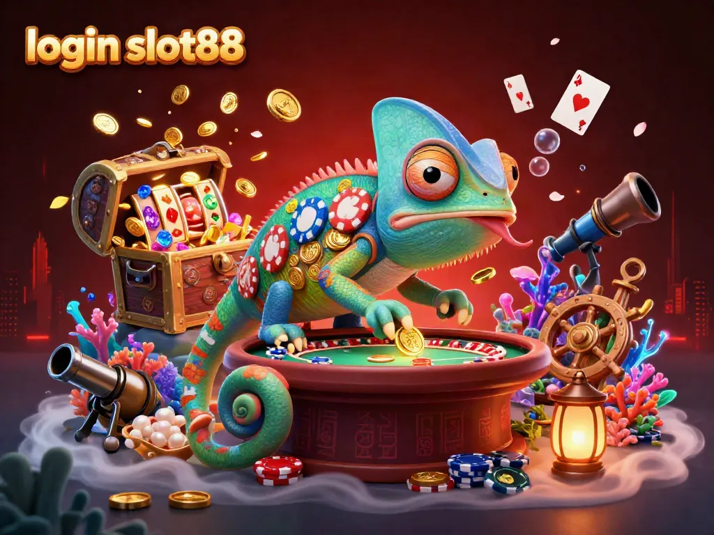 Exciting scene depicting the dynamic "login slot88" world, featuring a colorful chameleon casino owner and gold coins.