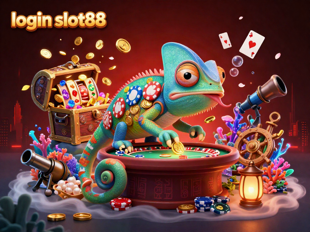 Exciting scene depicting the dynamic "login slot88" world, featuring a colorful chameleon casino owner and gold coins.