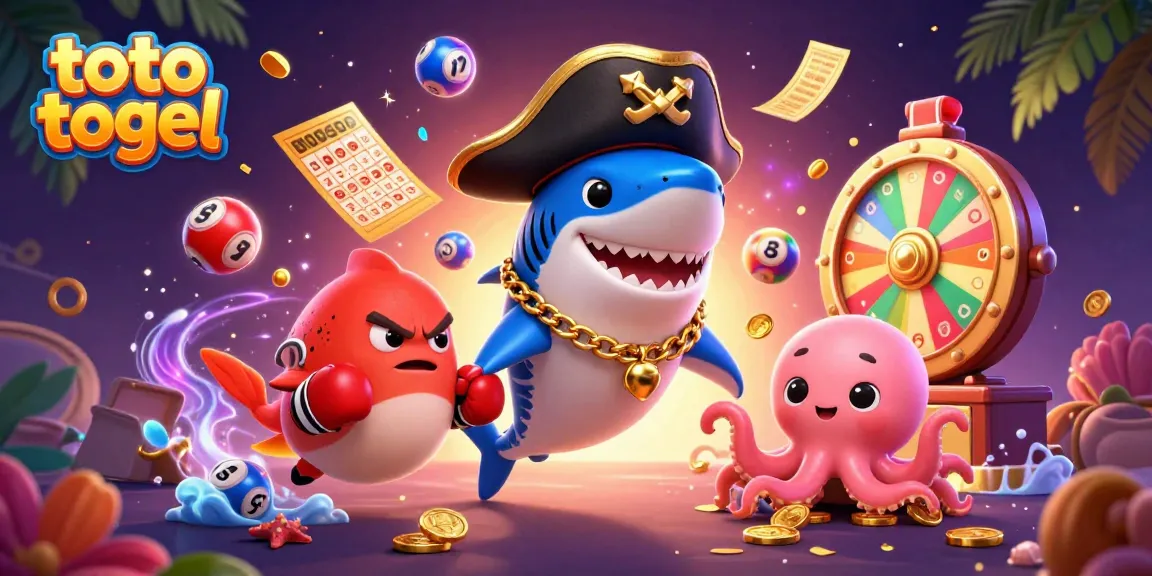 Mengguncang toto togel dengan karakter kartun, ikan hiu, ikan puffer, dan cumi-cumi membawa koin.