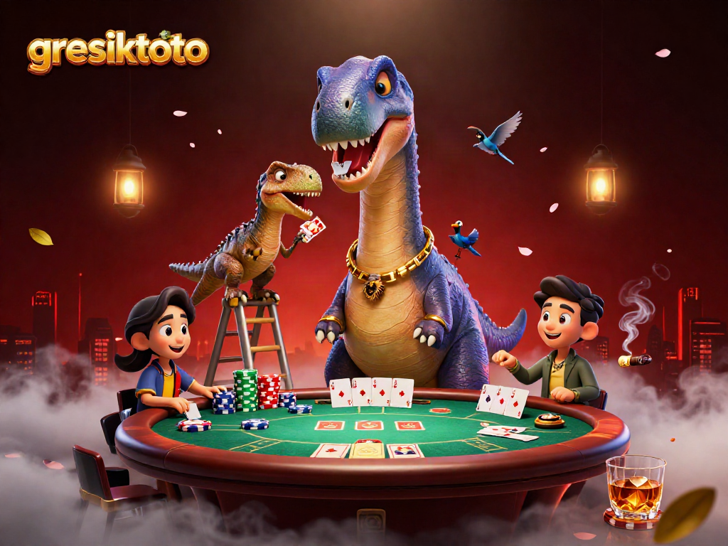 Experience the excitement of gresiktoto as a brontosaurus watches a raptor deal cards at a vibrant poker table.
