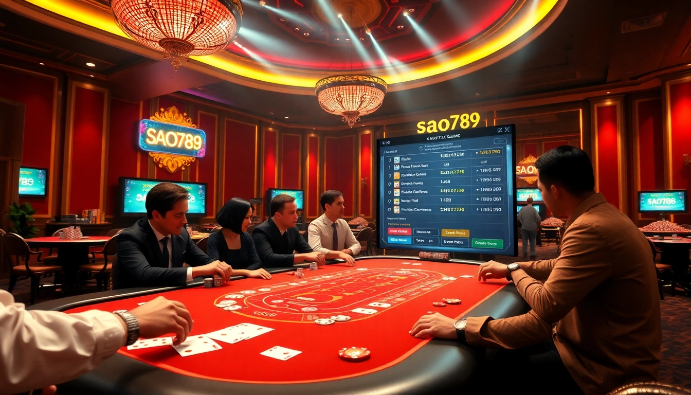Sao789 engaging players at poker tables with luxurious elements, highlighting thrilling gaming action.
