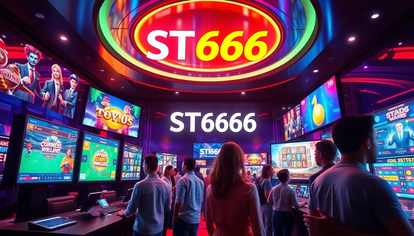 Engaging scene of diverse players enjoying ST666 online casino games, showcasing excitement and professionalism.