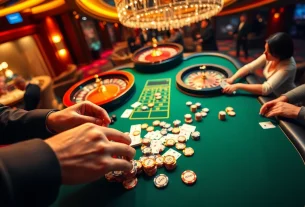 Engaging poker players at a tg88 branded casino table with colorful chips and cards