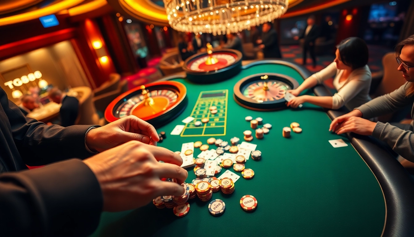 Engaging poker players at a tg88 branded casino table with colorful chips and cards