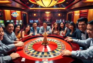 Pemain menikmati kegembiraan 'datukwin alternatif' di meja roulette mewah dalam kasino yang penuh semangat.