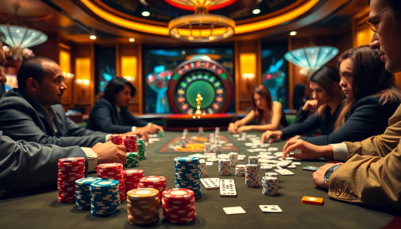 Exciting gameplay featuring Dominoqiu at a vibrant casino table with poker chips and cards.