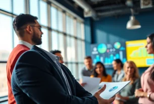 Marketing Consultant collaborating with a team in a modern office environment.