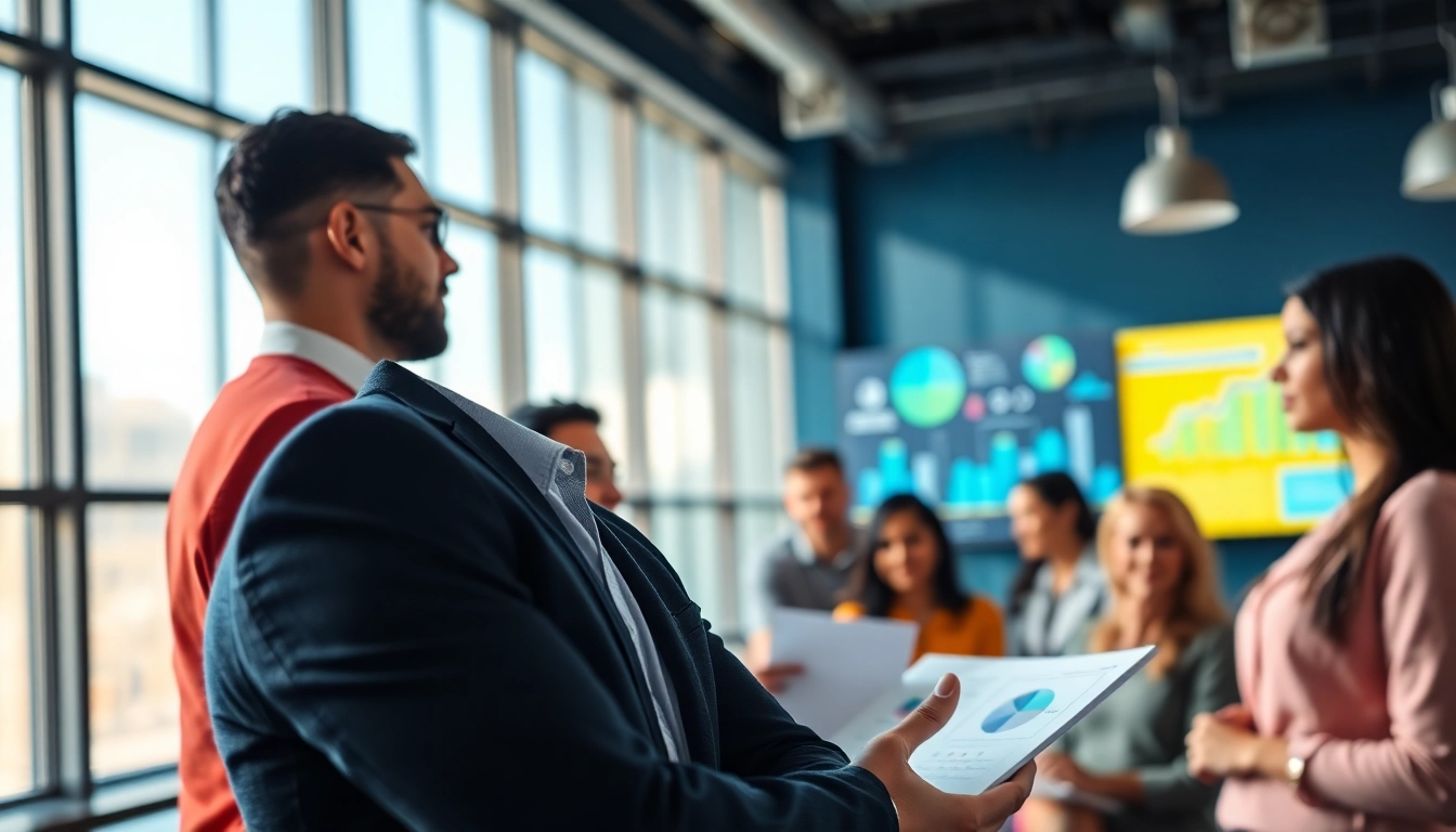 Marketing Consultant collaborating with a team in a modern office environment.