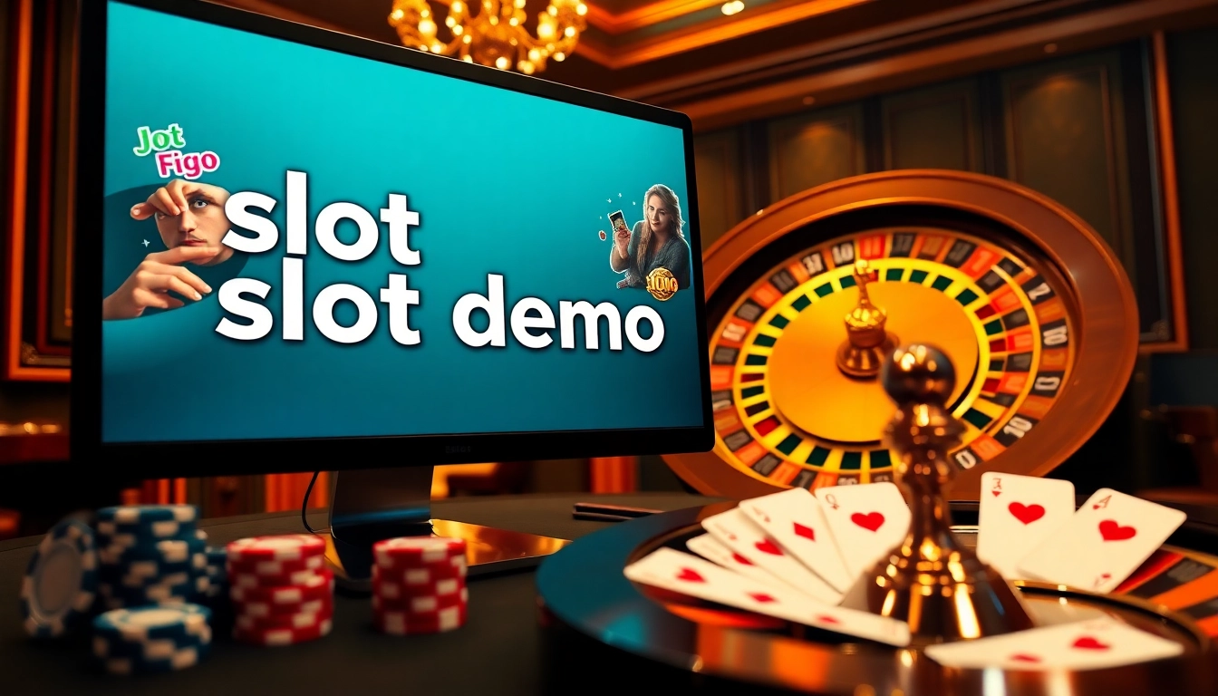 Exciting online casino interface displaying slot demo games with poker chips and a roulette wheel.