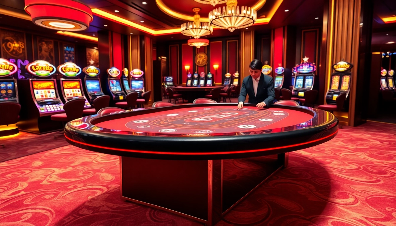 Players engaging in luck8 tài xỉu at an elegant casino table, showcasing rich decor and vibrant atmosphere.