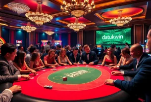 Menggambarkan pemain di meja poker kasino Datukwin dengan chip berwarna-warni dan kartu.