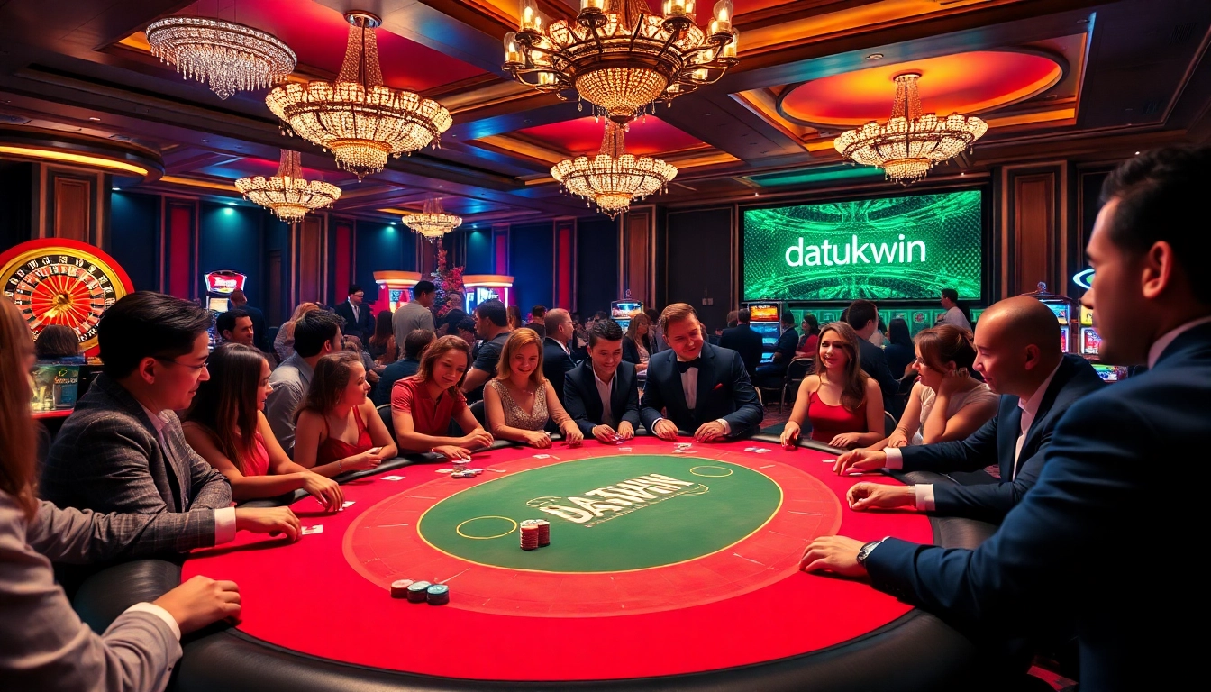 Menggambarkan pemain di meja poker kasino Datukwin dengan chip berwarna-warni dan kartu.