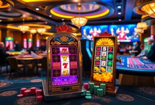 Explore thrilling slot demo games alongside casino action in an upscale setting.