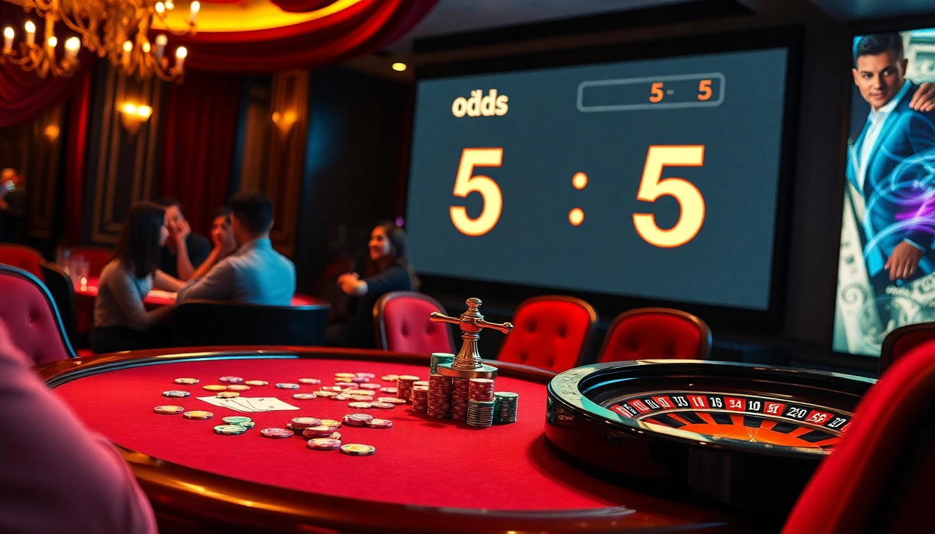 Kèo nhà cái 5: Luxurious casino scene showcasing poker, roulette, and betting excitement.