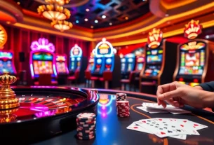 Engaging casino atmosphere with MM88-themed slots, roulette, and poker chips showcasing thrilling gambling experiences.