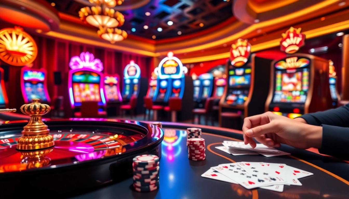 Engaging casino atmosphere with MM88-themed slots, roulette, and poker chips showcasing thrilling gambling experiences.