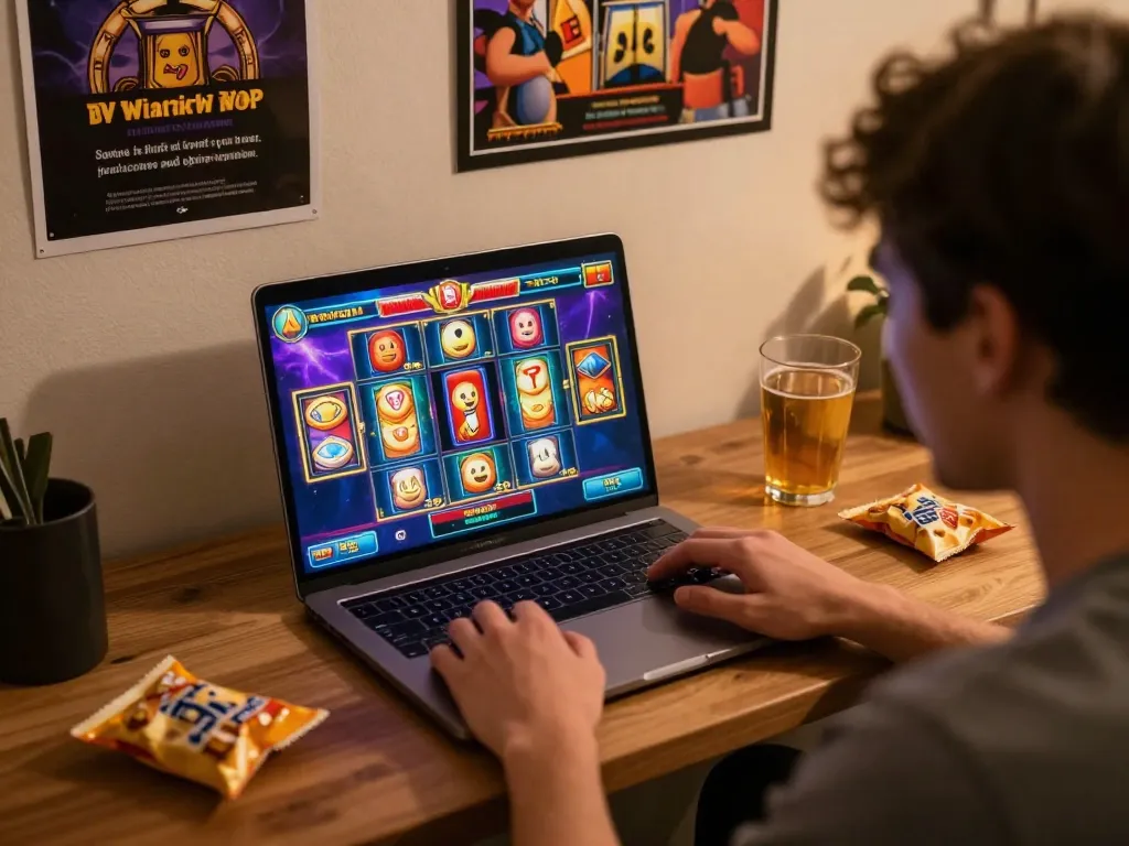 SATRIA123 player enjoying immersive online slot games on laptop in cozy atmosphere