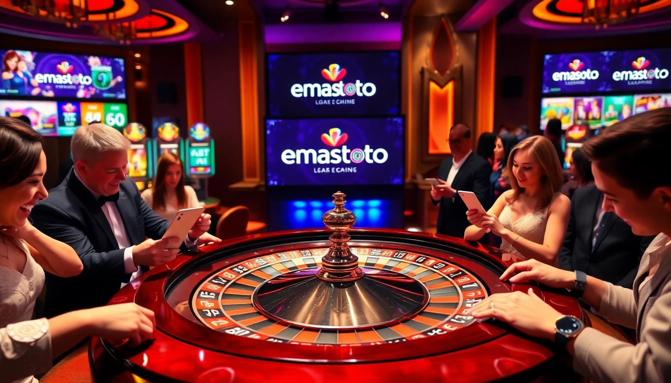 Adegan permainan kasino yang menarik menampilkan logo Emastoto dengan roda roulette dan chip poker.