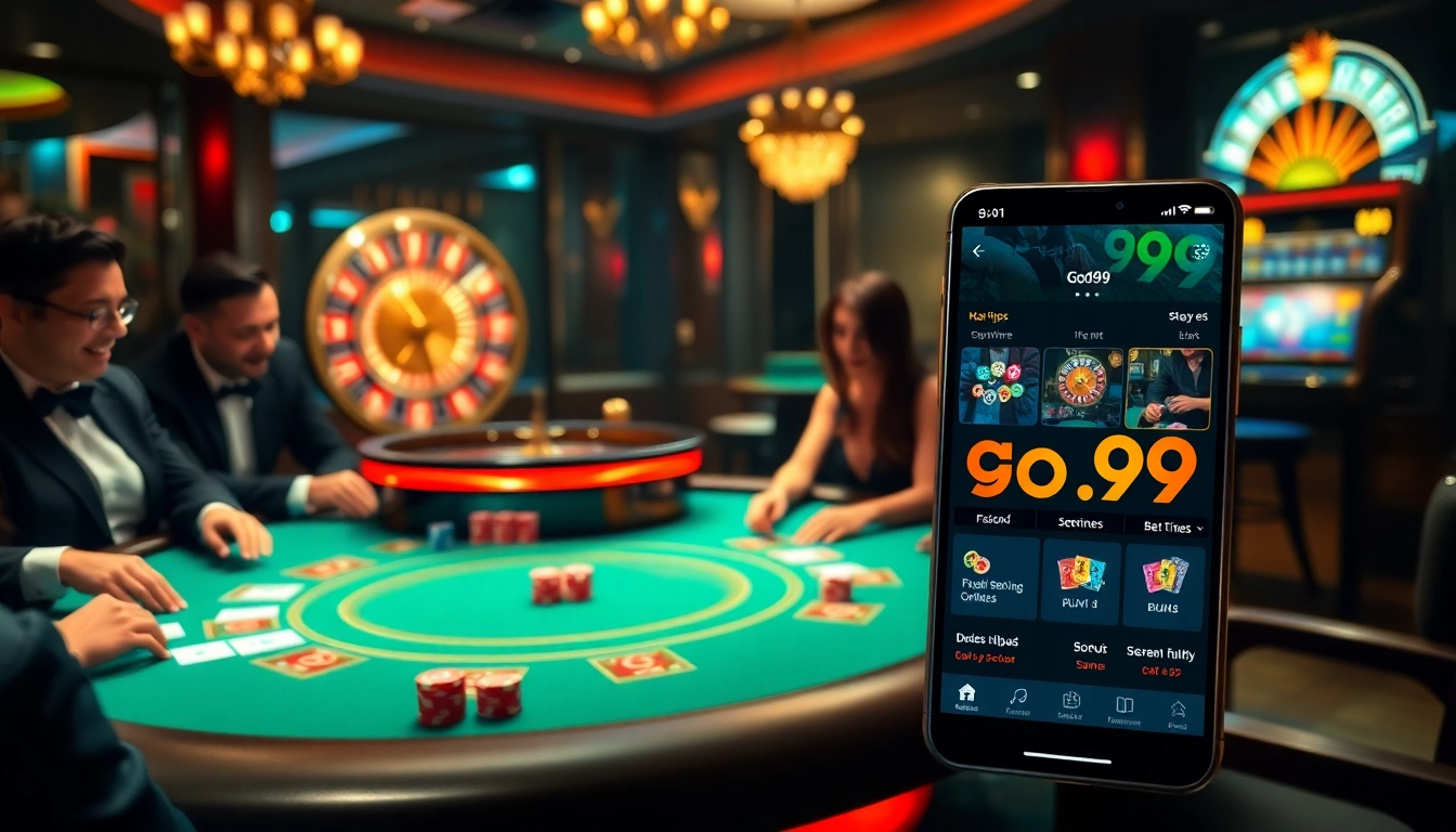 Experience the thrill of go99 with a lively casino scene featuring poker, roulette, and slot machines.