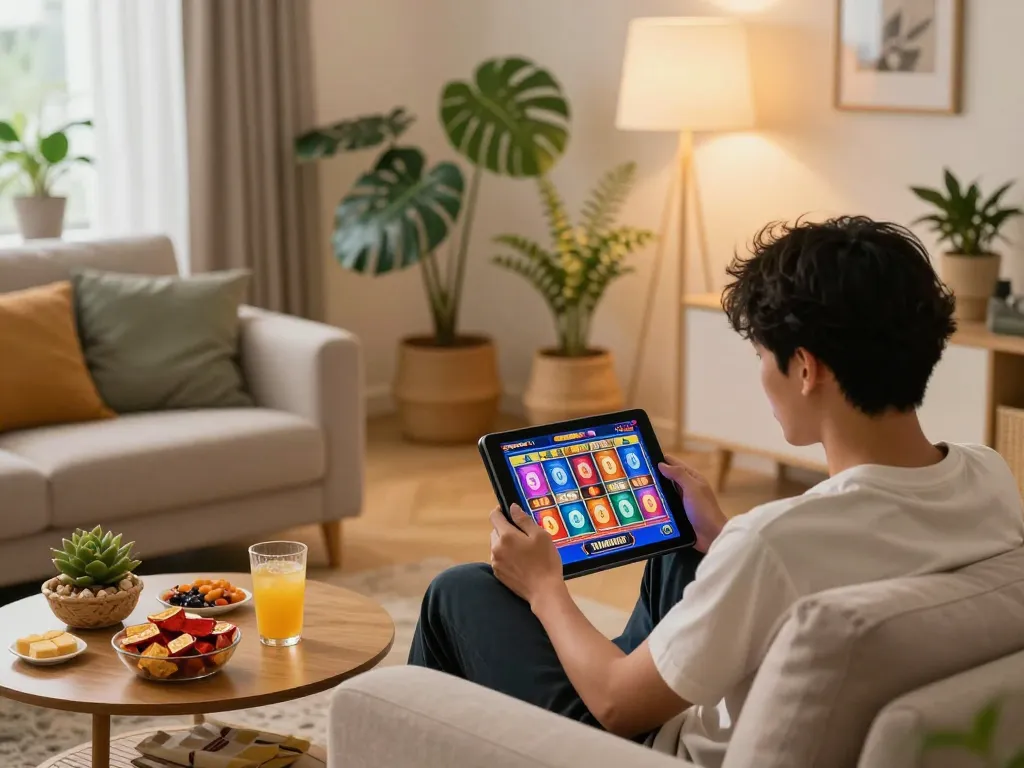 Player engaging with slot thailand games on tablet in a cozy home setup, vibrant colors and warm lighting enhance the online gaming experience