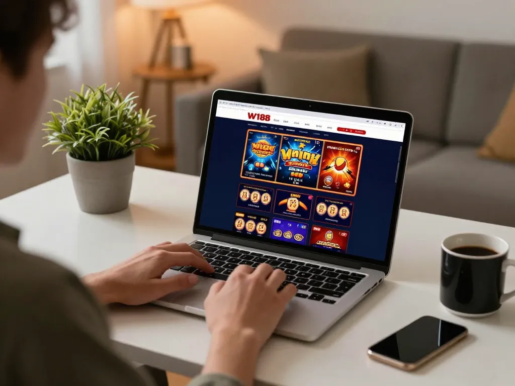 Engaging in online gaming experience at https://w188.bid/ with a vibrant casino interface on the laptop