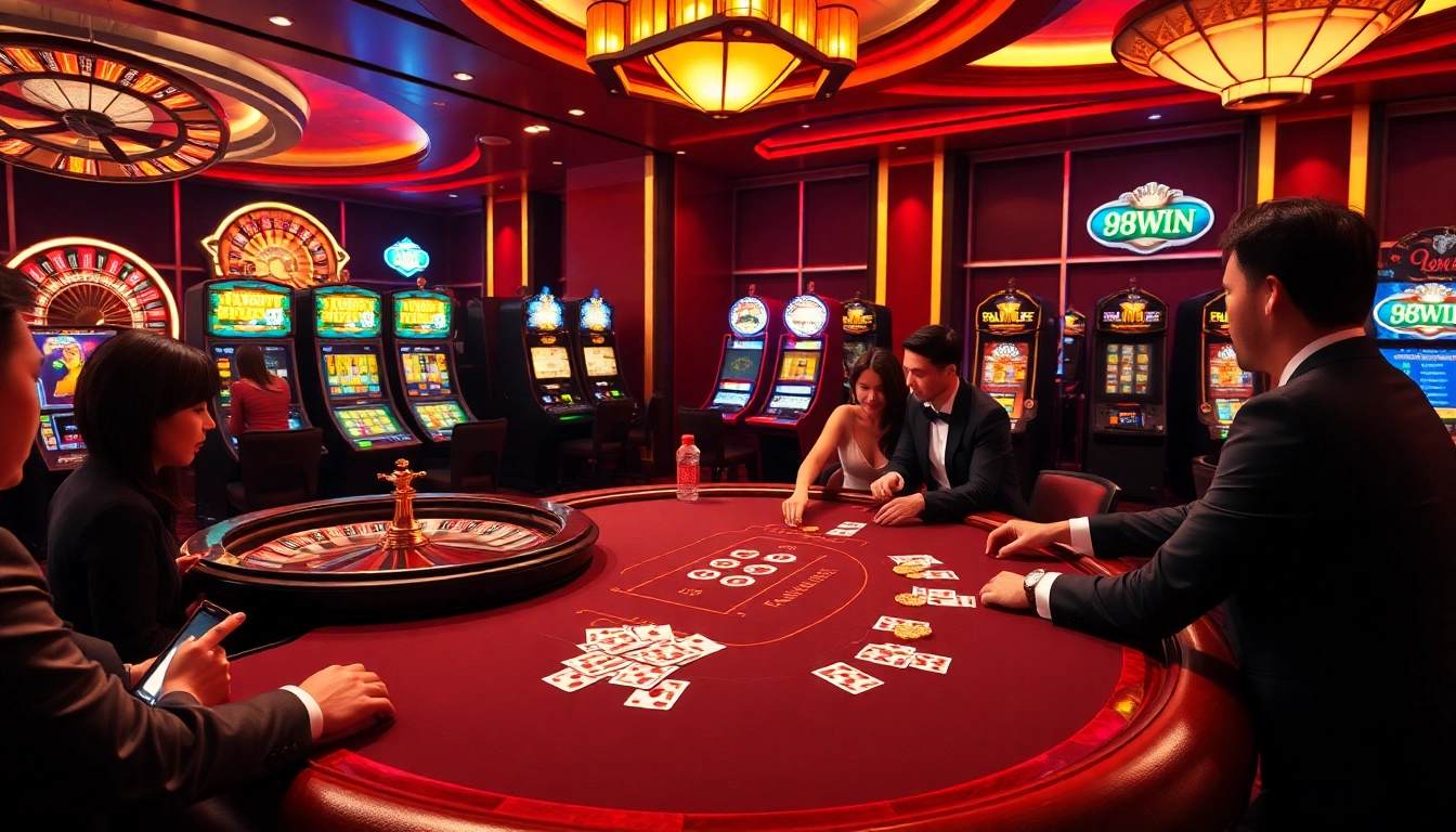 Experience the thrill of 98WIN with a luxurious casino scene filled with poker tables and roulette wheels.
