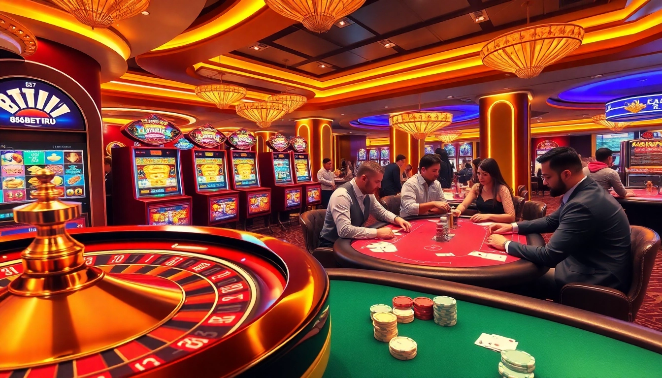 Exciting gambling scene at 88bet.ru.com featuring spinning roulette wheel and vibrant slot machines.