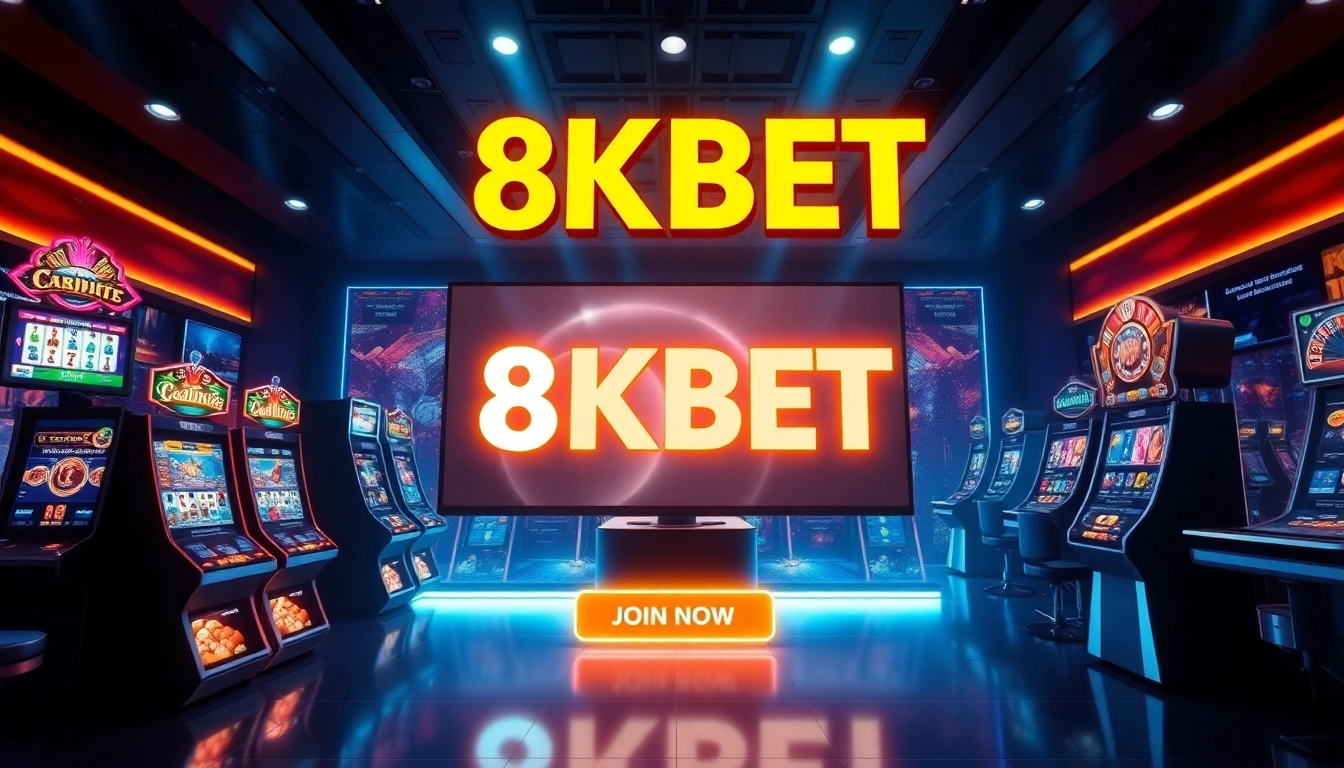 8KBET showcases a luxurious online casino interface with exciting games like slots and poker.
