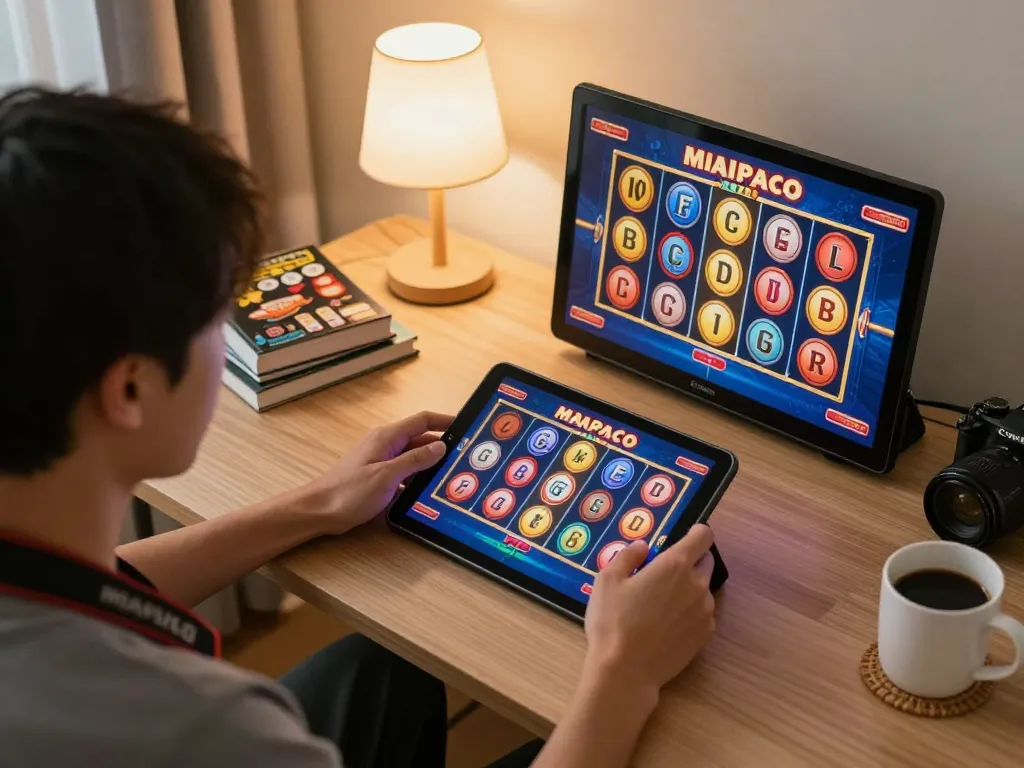 Play toto macau slot on a tablet during an engaging home gaming session with cozy décor.