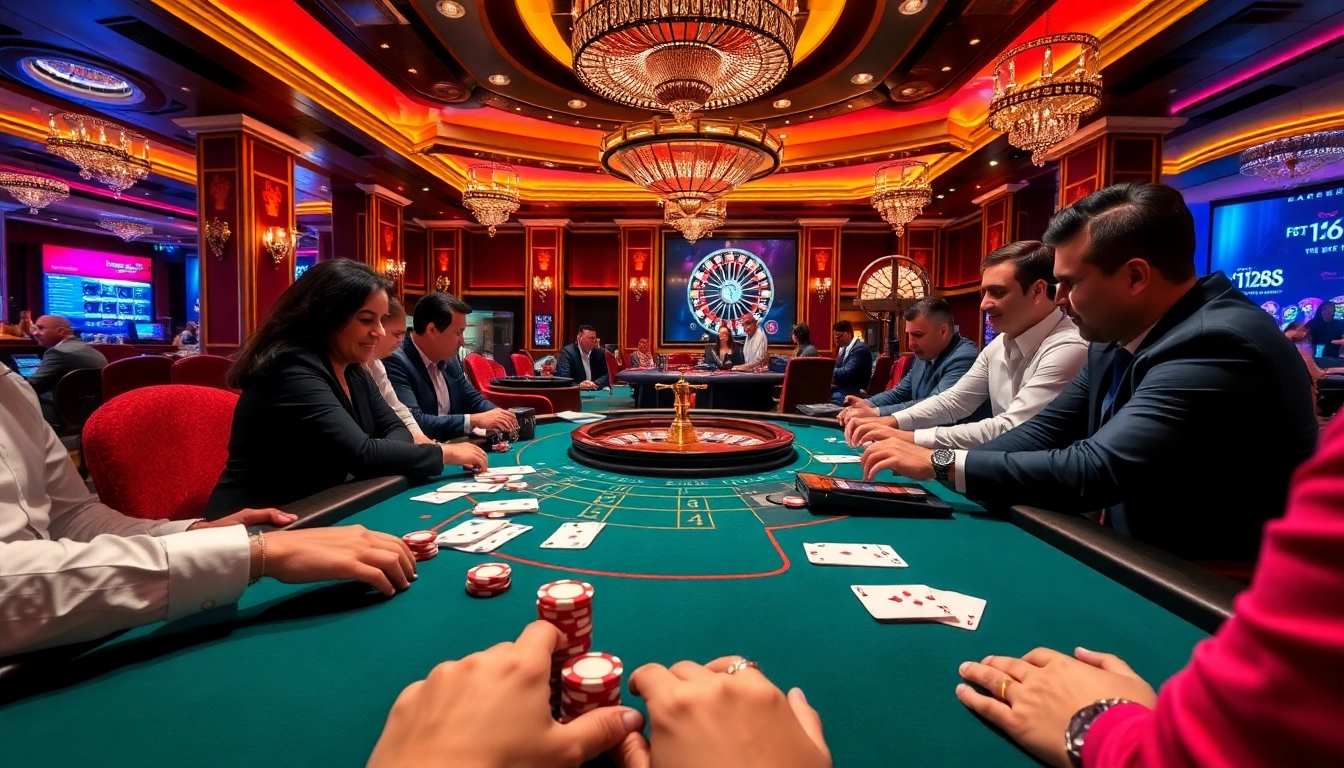 Players enjoying a thrilling poker game at F168 casino, showcasing excitement and luxury.