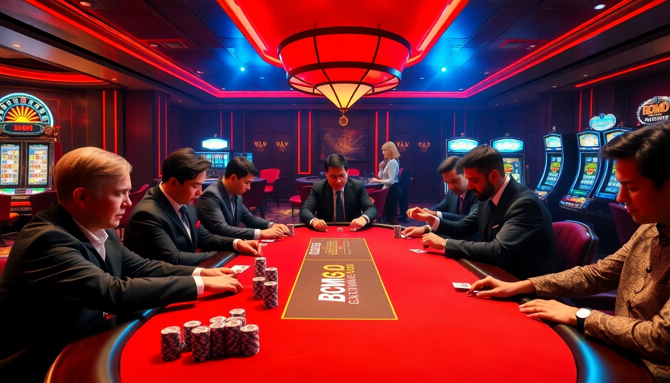 BROMO888 players engaging in a lively poker game at a luxurious casino table surrounded by vibrant gambling elements.