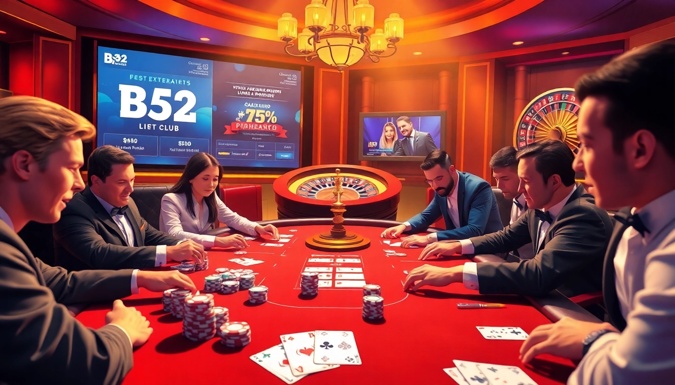 Players enjoy an exciting game at B52 Club, showcasing high-stakes poker action with vibrant chips and cards.