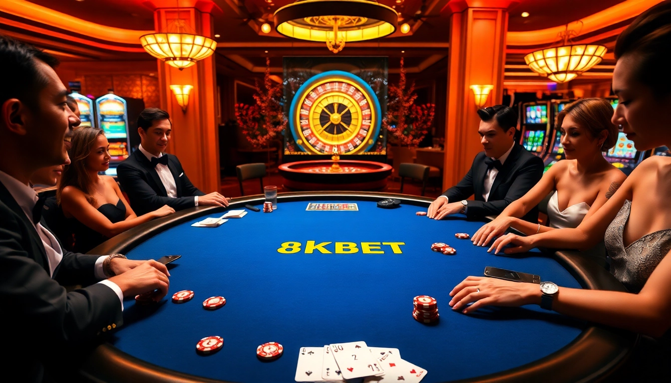 Engaging players at the 8KBET poker table amidst excitement and luxury.