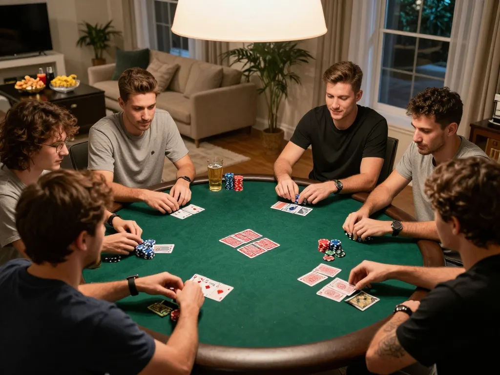 Friends enjoying a thrilling poker night while discussing kèo nhà cái strategies, chips stacked in front.