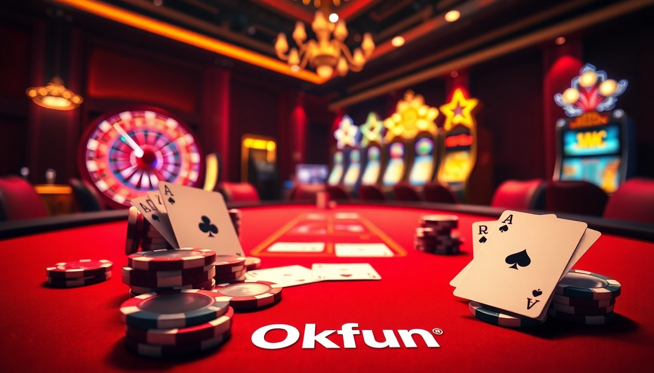Experience the thrill of high-stakes gaming at Okfun casino, featuring vibrant poker tables and slot machines.