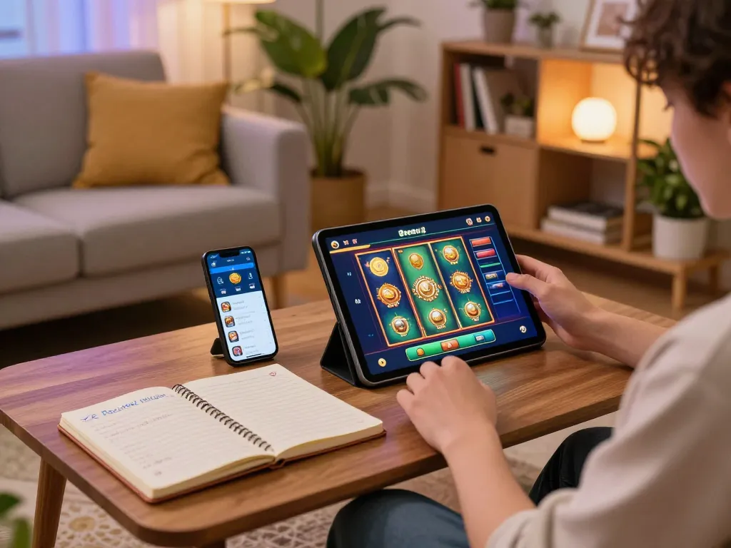 Engaged player using the boosterjp app on a tablet in a cozy home setting