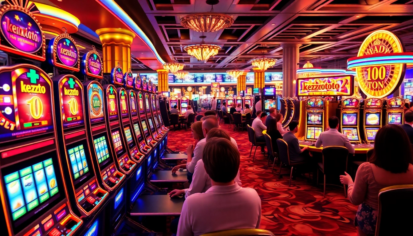 Kenzototo showcases players winning at vibrant slot machines in a luxurious casino atmosphere.